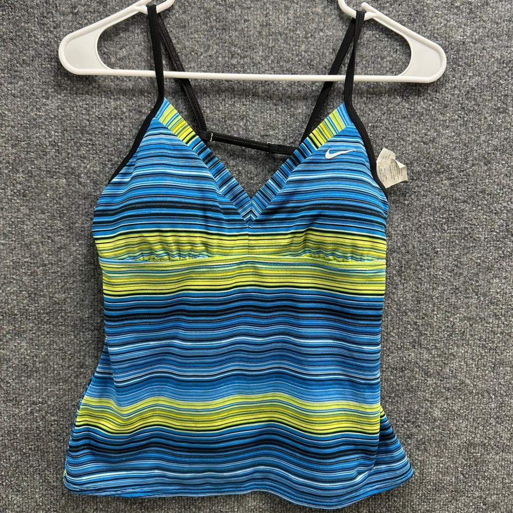 Nike Womens Blue Lime Green Striped Tankini Swim Top Size 8 Adjustable Straps